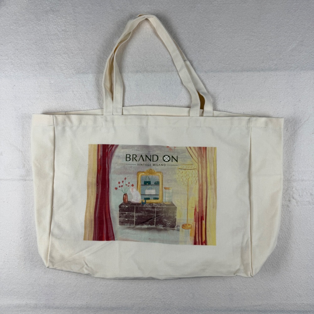 Brand On Vintage Milano Canvas Tote Bag Cream Graphic Print Large Shopper